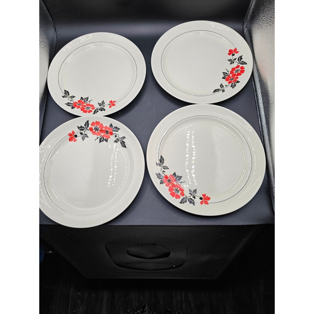 Vintage Superior Hall Quality Dinnerware Red Floral Dinner Plates Set of 4
